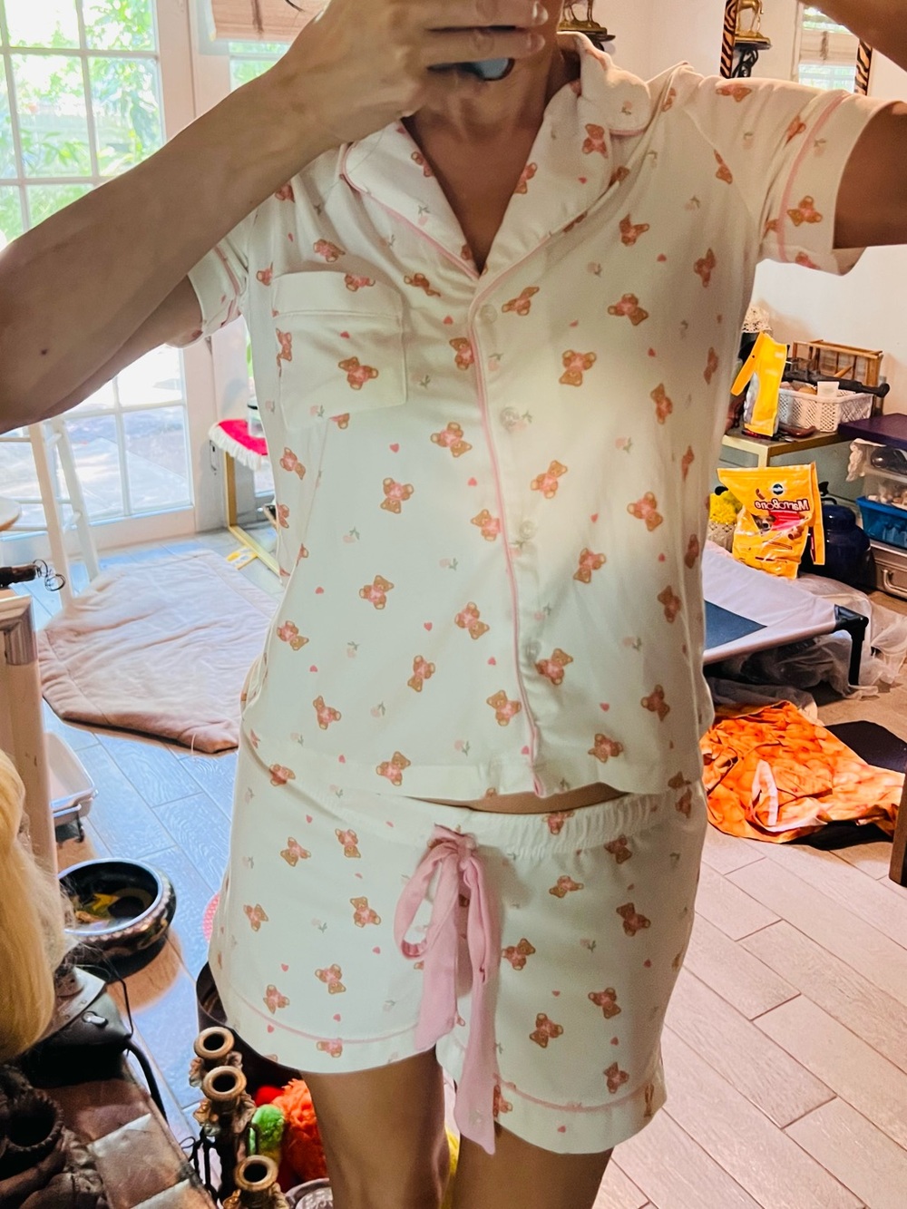 Cream and Pink Teddy-Print Short Pajama Set Brand New Read below